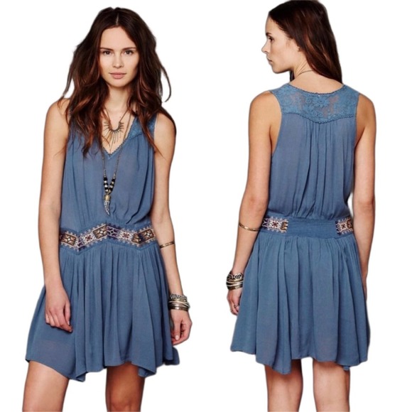 Free People Dresses & Skirts - Free People Drop Waist Gauzy Ethnic Embroidered Lace Mini Shirt Dress Medium
